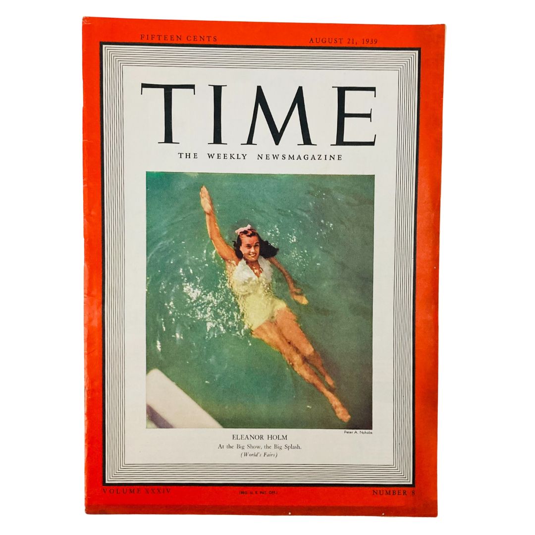 Vintage Time Magazine August 21, 1939, featuring Eleanor Holm on the cover, highlighting her accomplishments in swimming, titled 'Big Show, Big Splash'.