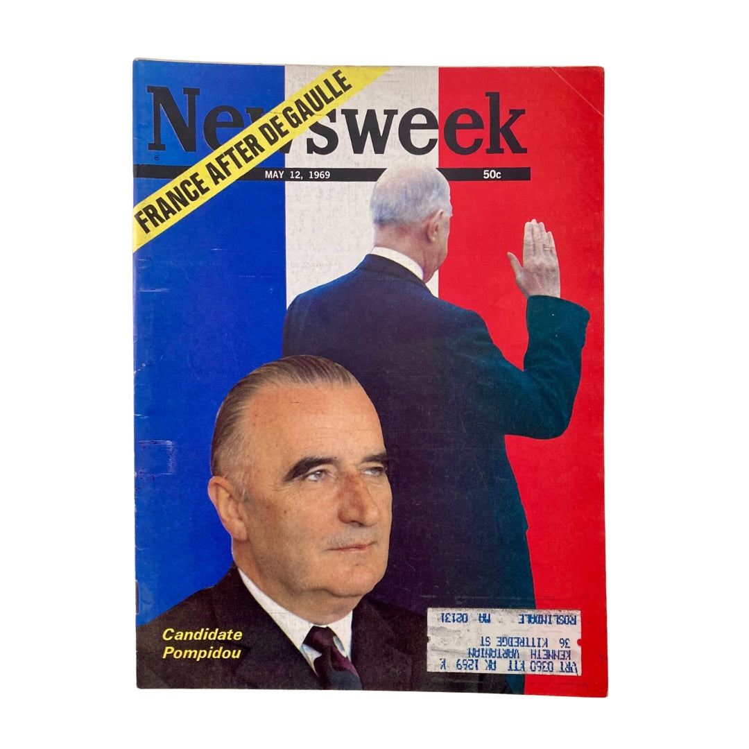 VTG Newsweek Magazine from May 12, 1969, featuring Candidate Georges Pompidou, with a cover depicting his portrait and the background of the French flag.