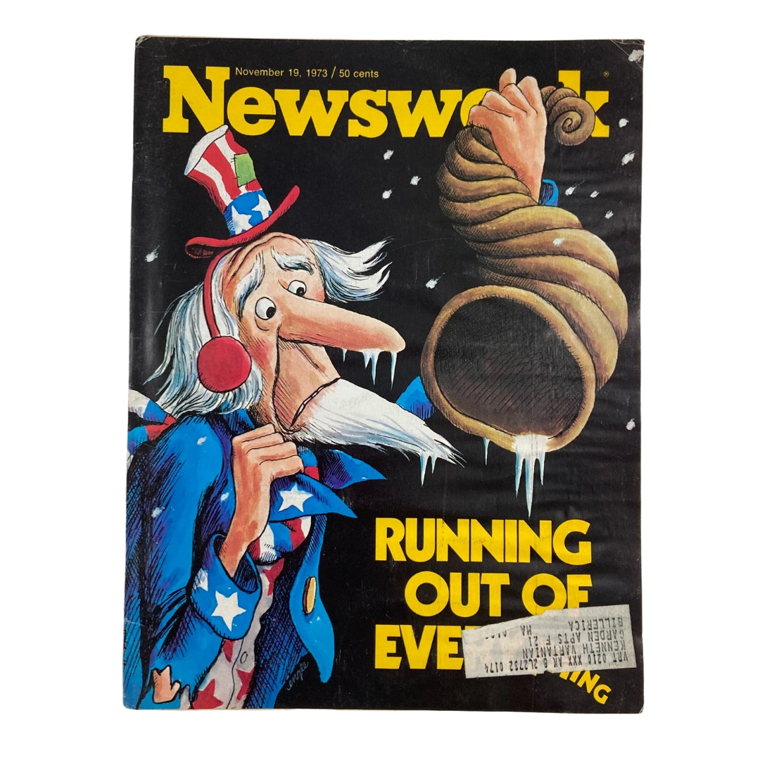 VTG Newsweek Magazine Cover from November 19, 1973 titled 'Running Out of Everything', featuring an illustration of a whimsical uncle figure with a stovepipe hat, highlighting themes of resource scarcity.