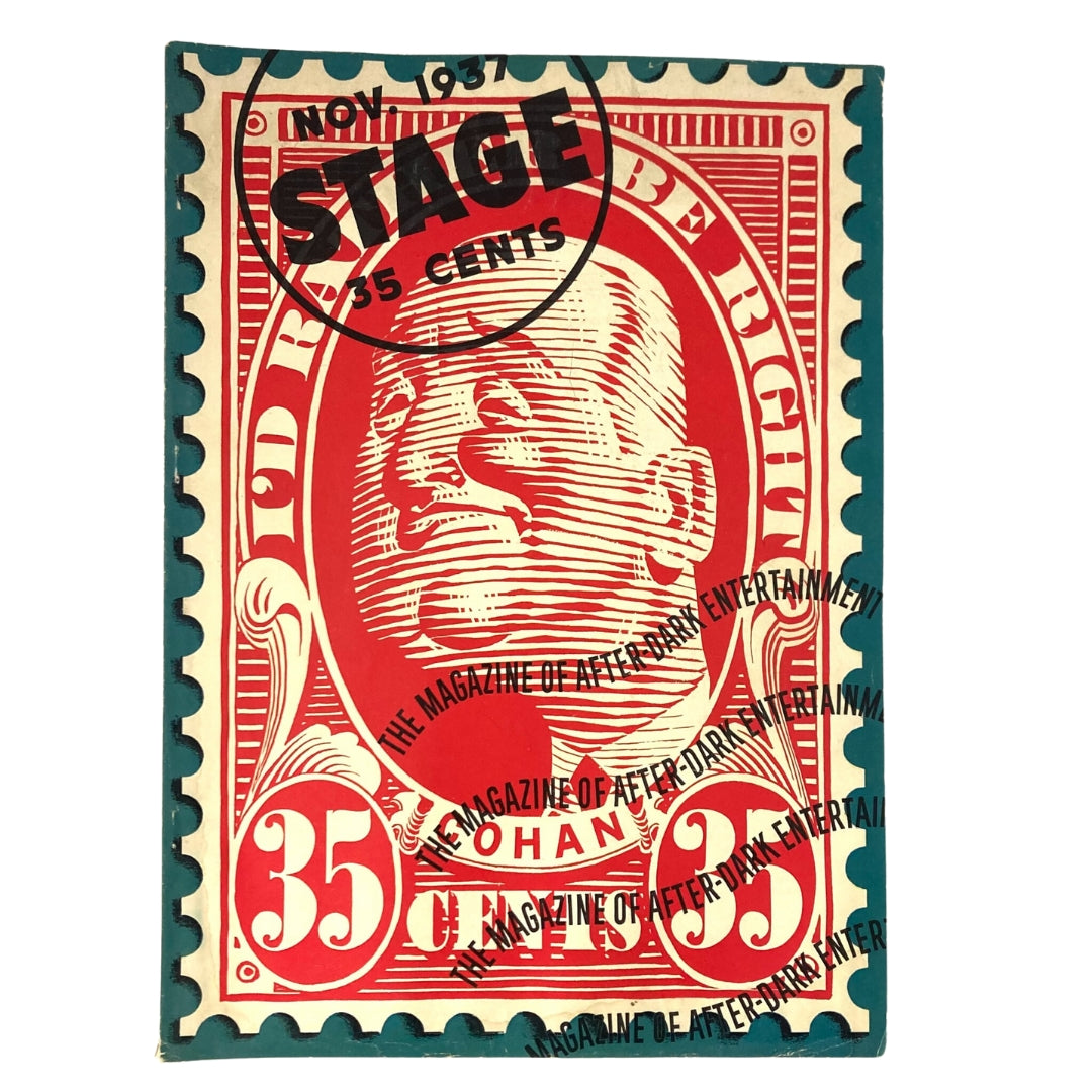 Vintage Stage Magazine from November 1937 featuring the magazine cover with bold graphics and text, showcasing the title 'Stage' and priced at 35 cents, associated with entertainment.