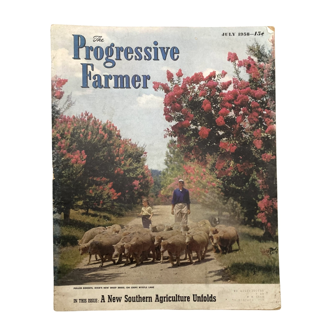 Cover of The Progressive Farmer Magazine July 1958 showcasing Polled Dorsets sheep breed and scenic outdoor farming scene.