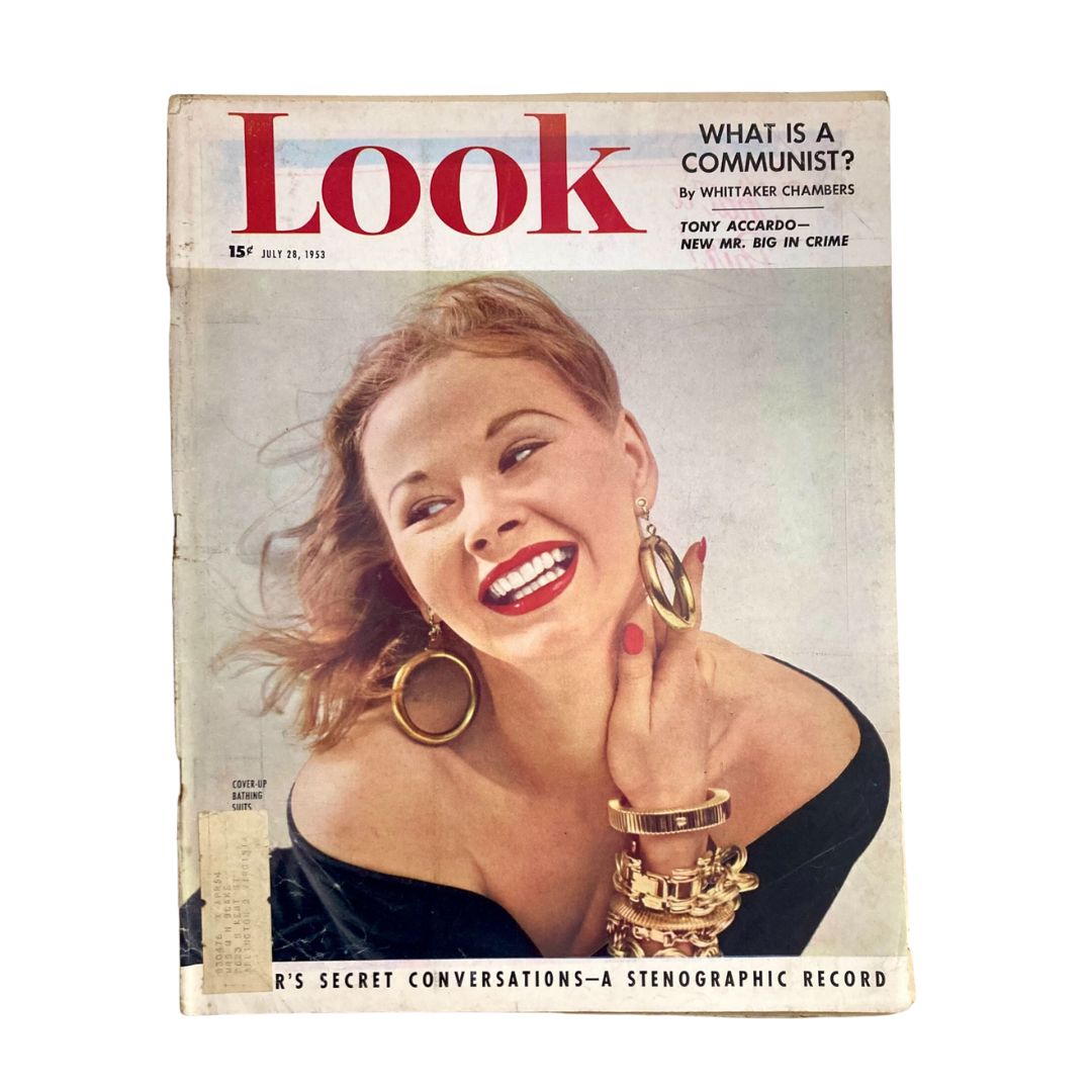 VTG Look Magazine July 28 1953 cover featuring a smiling woman with earrings and a stylish outfit, highlighting mid-century fashion trends.