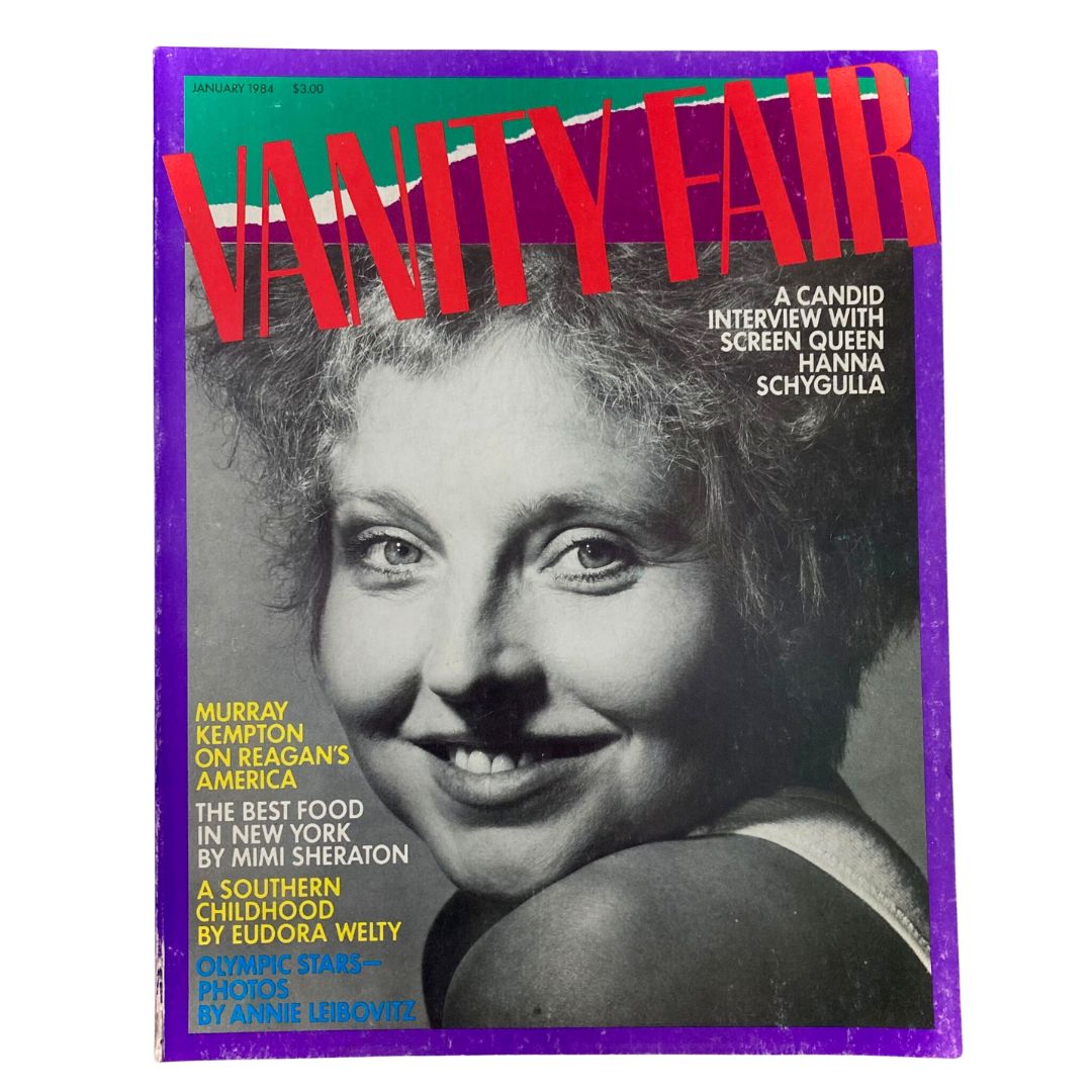 Cover of the January 1984 edition of Vanity Fair featuring screen queen Hanna Schygulla. The magazine showcases her striking photograph alongside articles about cultural topics of the early 1980s.