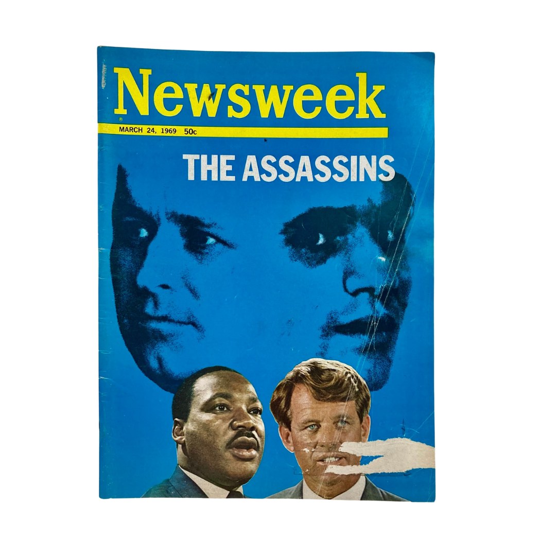 Newsweek Magazine cover from March 24, 1969 featuring Martin Luther King Jr. and Robert Kennedy with the headline 'The Assassins', captures a significant moment in American history.